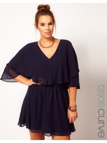 Curve Dress With Cape - length: mid thigh; neckline: low v-neck; sleeve style: dolman/batwing; fit: fitted at waist; pattern: plain; style: blouson; waist detail: elasticated waist; bust detail: ruching/gathering/draping/layers/pintuck pleats at bust; predominant colour: navy; occasions: evening, occasion; fibres: polyester/polyamide - 100%; sleeve length: 3/4 length; texture group: sheer fabrics/chiffon/organza etc.; trends: volume; pattern type: fabric