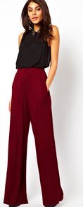 Trousers With Wide Leg - pattern: plain; waist: high rise; pocket detail: pockets at the sides; length: extra long; predominant colour: burgundy; occasions: casual, evening, holiday; fibres: viscose/rayon - stretch; fit: wide leg; pattern type: fabric; texture group: other - light to midweight; style: standard