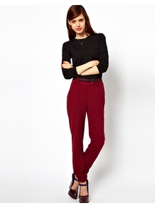 Trousers With Cuff Hem - length: standard; pattern: plain; style: tracksuit pants; waist: mid/regular rise; predominant colour: burgundy; occasions: casual, evening, work; fibres: polyester/polyamide - stretch; fit: tapered; pattern type: fabric; texture group: other - light to midweight