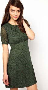 Nw3 Horseshoe Print Dress With Collar - style: shift; length: mid thigh; fit: empire; predominant colour: dark green; secondary colour: black; occasions: casual, evening, work; fibres: polyester/polyamide - 100%; neckline: no opening/shirt collar/peter pan; back detail: keyhole/peephole detail at back; sleeve length: short sleeve; sleeve style: standard; texture group: sheer fabrics/chiffon/organza etc.; trends: statement prints; pattern type: fabric; pattern size: small & busy; pattern: patterned/print