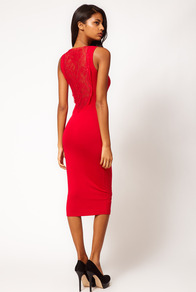 Midi Dress With Lace Back Panel - length: below the knee; neckline: round neck; fit: tight; pattern: plain; sleeve style: sleeveless; style: bodycon; back detail: contrast pattern/fabric at back; predominant colour: true red; occasions: evening, occasion; fibres: viscose/rayon - stretch; sleeve length: sleeveless; texture group: jersey - clingy; pattern type: fabric; embellishment: lace