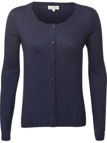Navy Crew Neck Knitted Cardigan - neckline: round neck; pattern: plain; predominant colour: navy; occasions: casual, work; length: standard; style: standard; fibres: cotton - 100%; fit: slim fit; sleeve length: long sleeve; sleeve style: standard; texture group: knits/crochet; pattern type: knitted - fine stitch