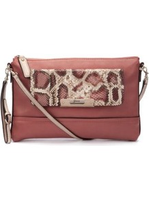 Pink Snake Print Panel Clutch Bag - predominant colour: terracotta; secondary colour: stone; occasions: casual, evening, work; type of pattern: small; style: clutch; length: across body/long; size: small; material: leather; pattern: animal print; finish: plain