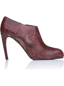 Dori Platform Leather Ankle Boot Purple Bordeaux Snake - predominant colour: burgundy; occasions: casual, evening, work; material: leather; heel height: high; heel: banana; toe: pointed toe; boot length: shoe boot; style: standard; finish: patent; pattern: animal print
