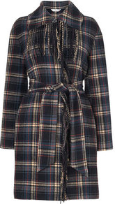 Leela Wool Blanket Check Fringed Coat Blue Navy - pattern: checked/gingham; style: single breasted; length: mid thigh; predominant colour: navy; occasions: casual; fit: tailored/fitted; fibres: wool - mix; collar: shirt collar/peter pan/zip with opening; waist detail: belted waist/tie at waist/drawstring; sleeve length: long sleeve; sleeve style: standard; collar break: high/illusion of break when open; pattern type: fabric; pattern size: standard; texture group: woven bulky/heavy