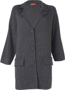 Abigail Wool Long Cardigan Grey Charcoal - neckline: low v-neck; pattern: plain; hip detail: front pockets at hip; bust detail: buttons at bust (in middle at breastbone)/zip detail at bust; predominant colour: charcoal; occasions: casual, evening, work; style: standard; fibres: wool - mix; fit: loose; length: mid thigh; sleeve length: 3/4 length; sleeve style: standard; texture group: knits/crochet; pattern type: knitted - other
