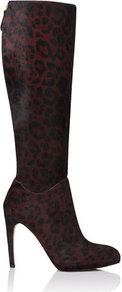 Monica Platform Leather Knee High Boot Purple Damson Leopard - predominant colour: burgundy; occasions: casual, evening; material: animal skin; heel: banana; toe: pointed toe; boot length: knee; style: standard; finish: plain; pattern: animal print; heel height: very high