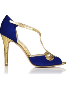 Nelly Sandal Blue Klein - predominant colour: royal blue; secondary colour: gold; occasions: evening, occasion; material: suede; heel height: high; ankle detail: ankle strap; heel: stiletto; toe: open toe/peeptoe; style: standard; finish: plain; pattern: colourblock
