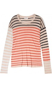 Rayon Multi Stripe Oversized Long Sleeve Top Sonia Son - neckline: round neck; pattern: horizontal stripes; length: below the bottom; style: t-shirt; predominant colour: coral; secondary colour: camel; occasions: casual, work; fibres: viscose/rayon - 100%; fit: body skimming; sleeve length: long sleeve; sleeve style: standard; texture group: knits/crochet; pattern type: knitted - fine stitch; pattern size: standard