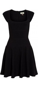 Black Rayon Ribbed Knitted Dress - length: mid thigh; sleeve style: capped; pattern: plain; predominant colour: black; occasions: casual, evening; fit: fitted at waist & bust; style: fit & flare; fibres: viscose/rayon - stretch; sleeve length: short sleeve; texture group: knits/crochet; neckline: low square neck; pattern type: knitted - fine stitch