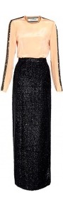 Enidun Maxi Dress With Textured Skirt - fit: fitted at waist; style: maxi dress; waist detail: fitted waist; back detail: low cut/open back; secondary colour: nude; predominant colour: black; occasions: evening, occasion; length: floor length; fibres: silk - mix; neckline: crew; hip detail: slits at hip; sleeve length: long sleeve; sleeve style: standard; texture group: structured shiny - satin/tafetta/silk etc.; pattern type: fabric; pattern size: light/subtle; pattern: colourblock; embellishment: sequins