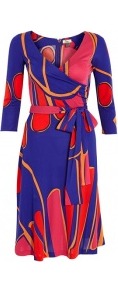 Swirl Print Jersey Wrap Dress - style: faux wrap/wrap; neckline: v-neck; waist detail: belted waist/tie at waist/drawstring; predominant colour: royal blue; secondary colour: bright orange; occasions: casual, evening, occasion; length: on the knee; fit: body skimming; fibres: viscose/rayon - stretch; sleeve length: 3/4 length; sleeve style: standard; trends: statement prints; pattern type: fabric; pattern size: big & busy; pattern: patterned/print; texture group: jersey - stretchy/drapey