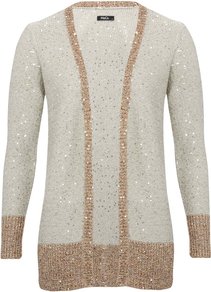 Women's Sequin Edge To Edge Cardigan - pattern: plain; length: below the bottom; neckline: collarless open; style: open front; predominant colour: ivory; secondary colour: gold; occasions: casual, evening, holiday; fibres: polyester/polyamide - mix; fit: slim fit; sleeve length: long sleeve; sleeve style: standard; texture group: knits/crochet; pattern type: knitted - fine stitch; embellishment: sequins