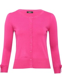 Women's Bow Cuff Cardigan - neckline: round neck; pattern: plain; predominant colour: pink; occasions: casual, work; length: standard; style: standard; fit: slim fit; sleeve length: long sleeve; sleeve style: standard; texture group: knits/crochet; trends: fluorescent; pattern type: knitted - fine stitch; fibres: viscose/rayon - mix