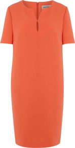 Shift Dress, Orange - style: shift; neckline: round neck; pattern: plain; predominant colour: bright orange; occasions: casual, evening, occasion; length: just above the knee; fit: straight cut; fibres: polyester/polyamide - 100%; sleeve length: short sleeve; sleeve style: standard; texture group: silky - light; trends: glamorous day shifts, fluorescent; pattern type: fabric