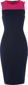 Crew Neck Colour Block Shift Dress, Navy - style: shift; neckline: round neck; fit: tailored/fitted; sleeve style: sleeveless; shoulder detail: contrast pattern/fabric at shoulder; secondary colour: hot pink; predominant colour: navy; occasions: evening, work; length: just above the knee; fibres: cotton - 100%; sleeve length: sleeveless; trends: glamorous day shifts; pattern type: fabric; pattern size: light/subtle; pattern: colourblock; texture group: other - light to midweight