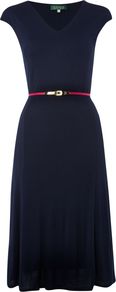 Cap Sleeved V Neck Shift Dress With Belt, Navy - neckline: v-neck; sleeve style: capped; pattern: plain; waist detail: belted waist/tie at waist/drawstring; predominant colour: navy; occasions: casual, evening, work; length: on the knee; fit: fitted at waist & bust; style: fit & flare; fibres: viscose/rayon - 100%; sleeve length: short sleeve; pattern type: fabric; texture group: jersey - stretchy/drapey