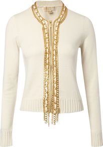 Long Sleeve Cardigan With Chain Placket, Cream - neckline: round neck; pattern: plain; bust detail: added detail/embellishment at bust; predominant colour: ivory; secondary colour: gold; occasions: evening, occasion, holiday; length: standard; style: standard; fibres: cotton - mix; fit: slim fit; hip detail: contrast fabric/print detail at hip; waist detail: fitted waist; sleeve length: long sleeve; sleeve style: standard; texture group: knits/crochet; trends: metallics; pattern type: knitted - fine stitch; pattern size: standard; embellishment: chain/metal