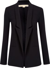 Women's Long Sleeved Blazer, Navy - pattern: plain; style: single breasted blazer; collar: standard lapel/rever collar; sleeve style: leg o mutton; predominant colour: black; occasions: evening, work, occasion; length: standard; fit: tailored/fitted; fibres: wool - stretch; sleeve length: long sleeve; texture group: structured shiny - satin/tafetta/silk etc.; collar break: low/open; pattern type: fabric
