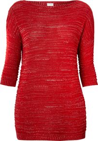 Finna Knit Top, Red - neckline: slash/boat neckline; pattern: plain; length: below the bottom; style: standard; predominant colour: true red; occasions: casual, evening; fibres: acrylic - 100%; fit: standard fit; sleeve length: 3/4 length; sleeve style: standard; texture group: knits/crochet; pattern type: knitted - other