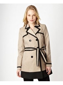 Dark Cream Colour Block Mac - pattern: plain; length: below the bottom; hip detail: side pockets at hip; style: mac; collar: standard lapel/rever collar; predominant colour: stone; secondary colour: black; occasions: casual, evening, work; fit: tailored/fitted; fibres: cotton - mix; waist detail: belted waist/tie at waist/drawstring; back detail: back vent/flap at back; sleeve length: long sleeve; sleeve style: standard; texture group: cotton feel fabrics; collar break: medium; pattern type: fabric