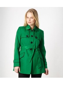 Bright Green Short Tipped Mac Coat - pattern: plain; length: below the bottom; style: trench coat; fit: slim fit; predominant colour: emerald green; occasions: casual, work; fibres: cotton - mix; collar: shirt collar/peter pan/zip with opening; waist detail: belted waist/tie at waist/drawstring; sleeve length: long sleeve; sleeve style: standard; texture group: cotton feel fabrics; collar break: high/illusion of break when open; pattern type: fabric