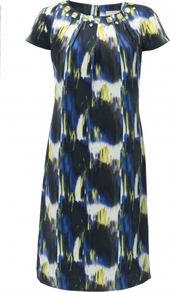Leyla Dress - style: shift; predominant colour: navy; secondary colour: black; occasions: evening, work, occasion; length: just above the knee; fit: straight cut; fibres: silk - 100%; neckline: crew; shoulder detail: added shoulder detail; sleeve length: short sleeve; sleeve style: standard; texture group: structured shiny - satin/tafetta/silk etc.; trends: statement prints, glamorous day shifts; pattern type: fabric; pattern size: big & busy; pattern: patterned/print; embellishment: jewels