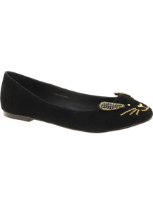 Little Miss Ballet Flats - secondary colour: gold; predominant colour: black; occasions: casual, evening; material: faux leather; heel height: flat; embellishment: embroidered; toe: round toe; style: ballerinas / pumps; finish: plain; pattern: plain