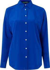 Long Sleeved Silk Blouse, Blue - neckline: shirt collar/peter pan/zip with opening; pattern: plain; length: below the bottom; style: shirt; predominant colour: royal blue; occasions: casual, evening, work, holiday; fibres: silk - 100%; fit: straight cut; sleeve length: long sleeve; sleeve style: standard; texture group: silky - light; pattern type: fabric