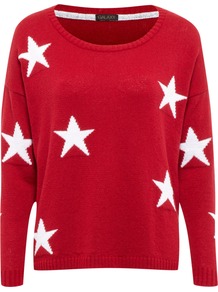 Star Placement Print Knit Jumper, Red - neckline: round neck; style: standard; secondary colour: white; predominant colour: true red; occasions: casual; length: standard; fibres: acrylic - mix; fit: loose; sleeve length: long sleeve; sleeve style: standard; texture group: knits/crochet; pattern type: knitted - other; pattern size: standard; pattern: patterned/print