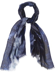 Lourdes Orchid Print Scarf, Blue - secondary colour: pale blue; predominant colour: navy; occasions: casual, evening, work; type of pattern: heavy; style: regular; size: standard; material: fabric; pattern: patterned/print