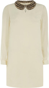 Cream Beaded Peter Pan Dress - style: shift; length: mid thigh; pattern: plain; sleeve style: balloon; predominant colour: ivory; occasions: evening; fit: straight cut; fibres: polyester/polyamide - 100%; neckline: no opening/shirt collar/peter pan; sleeve length: long sleeve; texture group: sheer fabrics/chiffon/organza etc.; pattern type: fabric; embellishment: chain/metal