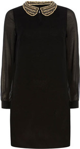 Black Beaded Petepan Dress - style: shift; length: mid thigh; pattern: plain; sleeve style: balloon; predominant colour: black; occasions: evening; fit: straight cut; fibres: polyester/polyamide - 100%; neckline: no opening/shirt collar/peter pan; sleeve length: long sleeve; texture group: sheer fabrics/chiffon/organza etc.; pattern type: fabric; embellishment: beading