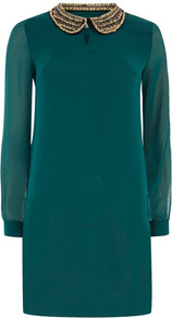 Green Beaded Peter Pan Dress - style: shift; neckline: shirt collar/peter pan/zip with opening; pattern: plain; predominant colour: dark green; occasions: evening, occasion; length: just above the knee; fit: straight cut; fibres: polyester/polyamide - 100%; sleeve length: long sleeve; sleeve style: standard; texture group: sheer fabrics/chiffon/organza etc.; pattern type: fabric; embellishment: beading