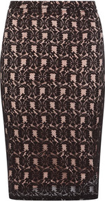 Black/Blush Lace Layer Skirt - style: pencil; fit: tailored/fitted; waist: mid/regular rise; secondary colour: nude; predominant colour: black; occasions: evening, work, occasion; length: just above the knee; fibres: polyester/polyamide - 100%; texture group: lace; pattern type: fabric; pattern size: big & busy; pattern: patterned/print; embellishment: lace