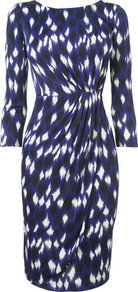 Sarah Jersey Fitted Dress Blue Navy - style: shift; neckline: round neck; waist detail: twist front waist detail/nipped in at waist on one side/soft pleats/draping/ruching/gathering waist detail; predominant colour: royal blue; secondary colour: black; occasions: evening, work, occasion; length: just above the knee; fit: body skimming; sleeve length: 3/4 length; sleeve style: standard; trends: statement prints; pattern type: fabric; pattern size: big & busy; pattern: patterned/print; texture group: jersey - stretchy/drapey; fibres: viscose/rayon - mix
