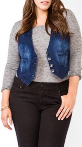 Tailored Denim Vest - pattern: plain; sleeve style: sleeveless; bust detail: added detail/embellishment at bust; length: cropped; back detail: racer back/sports back; fit: slim fit; predominant colour: indigo; secondary colour: pale blue; occasions: casual, work; fibres: cotton - stretch; style: waistcoat; hip detail: dip hem; sleeve length: sleeveless; texture group: denim; collar break: medium; pattern type: fabric