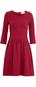 Burgundy Fulton Textured Cotton Dress - neckline: round neck; pattern: plain; predominant colour: burgundy; occasions: casual; length: just above the knee; fit: fitted at waist & bust; style: fit & flare; fibres: cotton - stretch; hip detail: soft pleats at hip/draping at hip/flared at hip; sleeve length: 3/4 length; sleeve style: standard; pattern type: fabric; texture group: jersey - stretchy/drapey