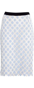 Macrame Lace Pinstripe Pencil Skirt - style: pencil; fit: tailored/fitted; pattern: pinstripe; waist detail: embellishment at waist/feature waistband; waist: high rise; secondary colour: white; predominant colour: denim; occasions: evening, work, occasion; length: on the knee; fibres: cotton - 100%; texture group: lace; pattern type: fabric; pattern size: light/subtle; embellishment: embroidered