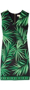 Tropical Palm Print V Neck Dress - style: shift; length: mid thigh; neckline: low v-neck; fit: tailored/fitted; sleeve style: sleeveless; secondary colour: emerald green; predominant colour: black; occasions: casual, evening, work, holiday; fibres: polyester/polyamide - stretch; sleeve length: sleeveless; pattern type: fabric; pattern size: big & busy; pattern: florals; texture group: jersey - stretchy/drapey