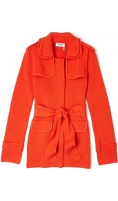 Zip Up Cotton Knit Coat - pattern: plain; length: below the bottom; style: single breasted; fit: slim fit; predominant colour: bright orange; occasions: casual; fibres: cotton - 100%; collar: shirt collar/peter pan/zip with opening; waist detail: belted waist/tie at waist/drawstring; sleeve length: long sleeve; sleeve style: standard; collar break: high/illusion of break when open; pattern type: fabric; texture group: jersey - stretchy/drapey
