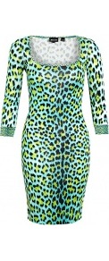 Leopard Print Jersey Dress - length: mid thigh; fit: tight; style: bodycon; predominant colour: emerald green; secondary colour: lime; occasions: evening; neckline: scoop; fibres: viscose/rayon - 100%; sleeve length: 3/4 length; sleeve style: standard; texture group: jersey - clingy; trends: statement prints, fluorescent; pattern type: fabric; pattern size: big & busy; pattern: animal print