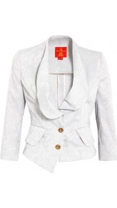 Elisabeth Evening Jacquard Jacket Vivienne Westwood Red - style: single breasted blazer; collar: shawl/waterfall; predominant colour: silver; occasions: evening, occasion; length: standard; fit: tailored/fitted; fibres: polyester/polyamide - stretch; back detail: back vent/flap at back; sleeve length: 3/4 length; sleeve style: standard; collar break: low/open; pattern type: fabric; pattern size: light/subtle; pattern: patterned/print; texture group: brocade/jacquard