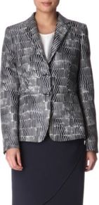 Pesaro Graphic Blazer - style: single breasted blazer; collar: standard lapel/rever collar; secondary colour: white; predominant colour: charcoal; occasions: work; length: standard; fit: tailored/fitted; fibres: polyester/polyamide - 100%; sleeve length: long sleeve; sleeve style: standard; collar break: medium; pattern type: fabric; pattern size: standard; pattern: patterned/print; texture group: woven light midweight
