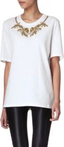 Embellished Neck T Shirt - pattern: plain; bust detail: added detail/embellishment at bust; length: below the bottom; style: t-shirt; shoulder detail: contrast pattern/fabric at shoulder; predominant colour: white; secondary colour: gold; occasions: casual, evening, holiday; fibres: cotton - 100%; fit: straight cut; neckline: crew; sleeve length: half sleeve; sleeve style: standard; pattern type: fabric; texture group: jersey - stretchy/drapey; embellishment: beading