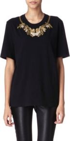 Embellished Neck T Shirt - neckline: round neck; pattern: plain; bust detail: added detail/embellishment at bust; length: below the bottom; style: t-shirt; secondary colour: gold; predominant colour: black; occasions: casual, evening, holiday; fibres: cotton - 100%; fit: loose; sleeve length: short sleeve; sleeve style: standard; texture group: cotton feel fabrics; pattern type: fabric; embellishment: embroidered