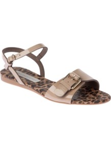 Patent Faux Leather Sandals - predominant colour: taupe; occasions: casual, holiday; material: faux leather; heel height: flat; embellishment: buckles; ankle detail: ankle strap; heel: standard; toe: open toe/peeptoe; style: standard; finish: patent; pattern: plain