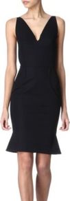 Jasper Dress - style: shift; neckline: low v-neck; fit: tailored/fitted; pattern: plain; sleeve style: sleeveless; waist detail: fitted waist; predominant colour: black; occasions: evening, occasion, holiday; length: just above the knee; fibres: cotton - stretch; sleeve length: sleeveless; texture group: cotton feel fabrics; hip detail: ruffles/tiers/tie detail at hip; pattern type: fabric