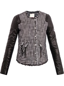 Tweed And Leather Jacket - pattern: plain; style: biker; collar: round collar/collarless; shoulder detail: contrast pattern/fabric at shoulder; secondary colour: light grey; predominant colour: black; occasions: casual, evening; length: standard; fit: straight cut (boxy); fibres: leather - stretch; sleeve length: long sleeve; sleeve style: standard; collar break: high; pattern type: fabric; pattern size: light/subtle; texture group: tweed - light/midweight