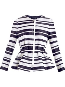 Space Dye Stripe Jacket - style: single breasted blazer; pattern: striped; collar: round collar/collarless; secondary colour: white; predominant colour: black; occasions: casual, evening, work; length: standard; fit: tailored/fitted; fibres: cotton - mix; hip detail: ruching/gathering at hip; waist detail: peplum detail at waist; sleeve length: long sleeve; sleeve style: standard; trends: striking stripes, volume; collar break: high; pattern type: fabric; pattern size: standard; texture group: other - light to midweight